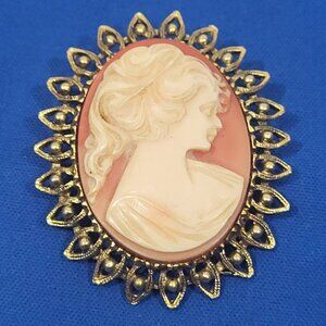 Vintage Victorian Style Cameo Brooch With Ornate Gold-Tone Filigree Frame